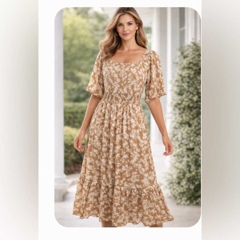 Black Tape_ Beige Floral Square Neck Maxi Dress